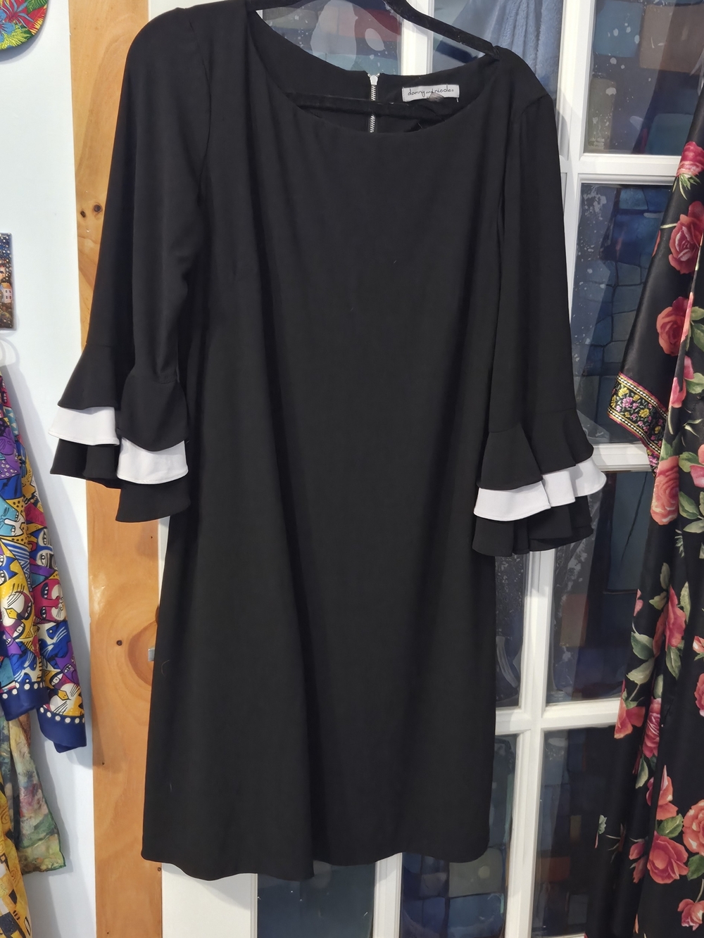 Danny & Nicole Black Midi Shift Dress with White Ruffle Trim Sleeves